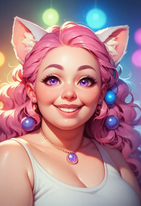  Drawing of a chubby anime girl , with pink hair and cat ears, smiling cheerfully , are bright purple eyes, with colorful lighting,