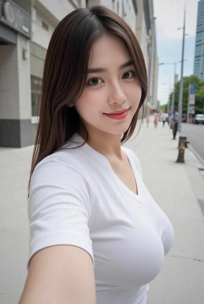 Selfie, side angle shot, (Masterpiece: 1.2, Best Quality), Realistic, (Realistic Picture, Complex Details, Depth of Field), Best Quality, Masterpiece, Highly Detailed, Realistic, 20 Years Old indonesian girl, huge breasts, thin lips, sweet smile, lustful b...