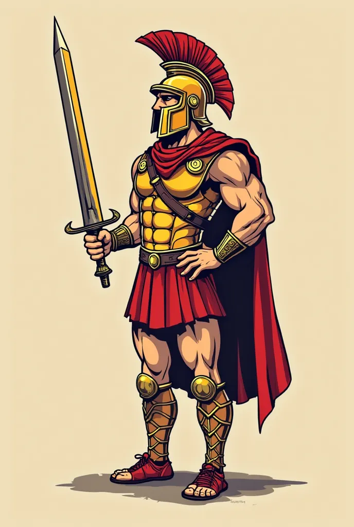 Create a logo for a company called "Gladiators ,S.a." that he has a Gladiator who has a pencil-shaped sword in the style of an 80s cartoon but that relates to the sale of stationery and tools, Let them be solid colors without shading