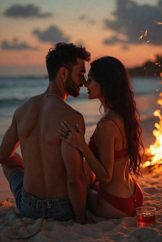 Create an expansive realistic post of a young brown gangster couple in paradise beach hugging each other sitting between their legs defined body healed belly six-pack strong brown man handsome shirtless short black hair kissing beautiful brunette woman lon...