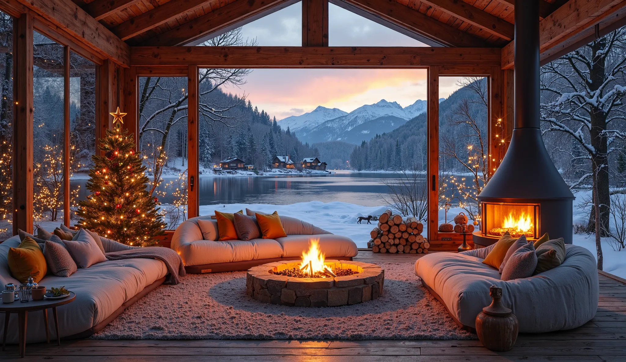 (The close-up of a better masterpiece:1.5)0.9], (warm space :1.2) (MessyImage presents a modern living room,dark night sky .On Christmas Eve. A master craftThis image depicts a serene outdoor space by a tranquil lake. The scene features a spacious wooden d...