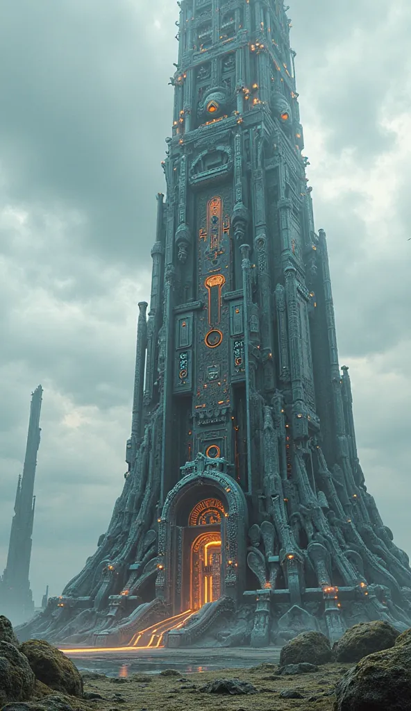 A huge arcane tower, cyberpunk style, side view, no background