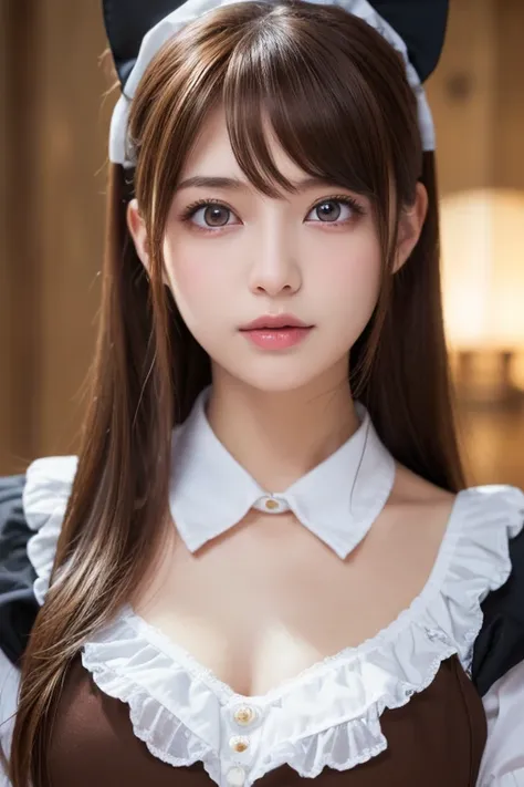 faceup,highest quality, masterpiece, 8k, Ultra-high resolution, (Realistic: 1.4), 1 girl, Beautiful Face, Symmetrical eyes, big, Perfect Body Proportions, ((Long Hair))、((Brown Hair:1.5)), Maid、((ゴスロリ風Maid服:1.4)), Viewer&#39;sight, ((Coffee shop、Blurred Ba...