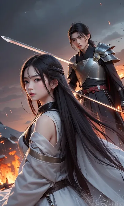 An epic battle between a。An epic battle between a tall, dark-haired young warrior and an evil general, A battlefield hit by a storm of fire and ice, Rain and Arrows、A duel where swords collide、Crowds of soldiers watching