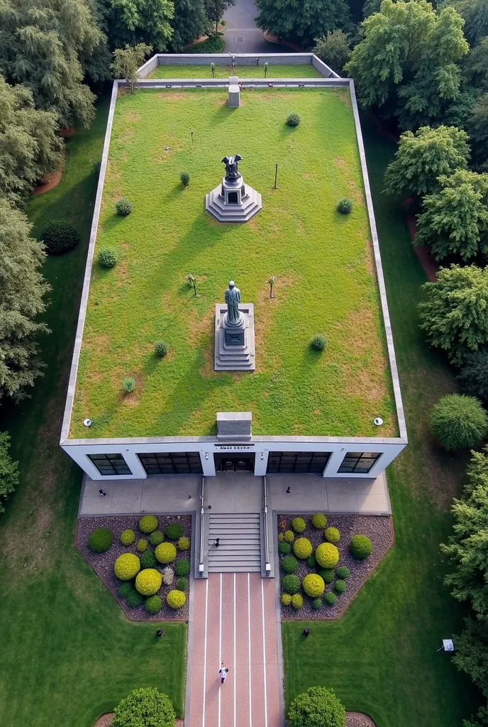 aerial view of a building with a green roof and a statue in the middle, lush surroundings, centre image, ariel view, exterior shot, beautiful surroundings, above view, dlsr photo, lab, photo from above, photo taken from above, seen from above, photograph f...