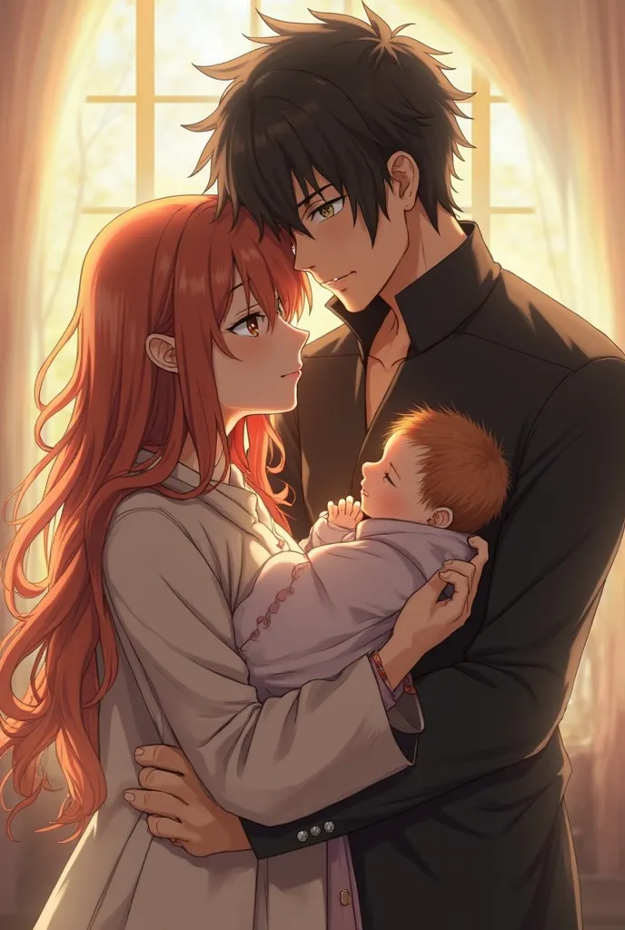 Black-haired Kirito hugs Asuna Yuki and her baby
