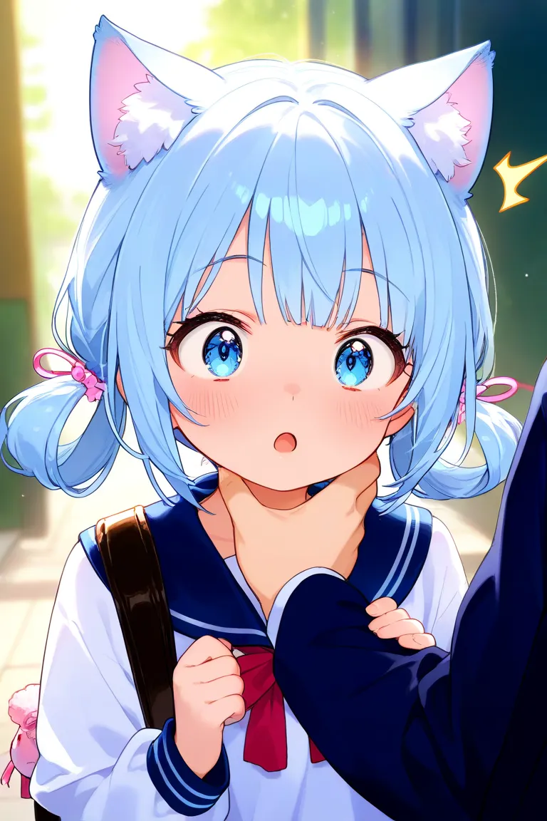  girl、Cat ears、light blue hair tied at the top、 light blue eyes、uniform、 bag、Male 1、Taken by a male student、男性の手が girlの手を掴む、 surprised