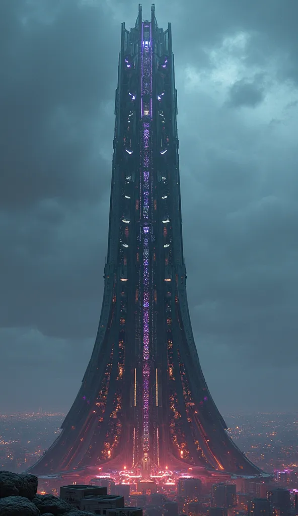 A tall arcane tower, cyberpunk style, side view, no background