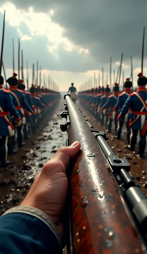 POV of a French soldier from Napoleon Bonaparte's Grande Armée on the battlefield of Waterloo, 1815. The first-person view shows hands stained with gunpowder and mud, tightly gripping a 1777 Charleville musket, while the bayonet glistens in sunlight filter...