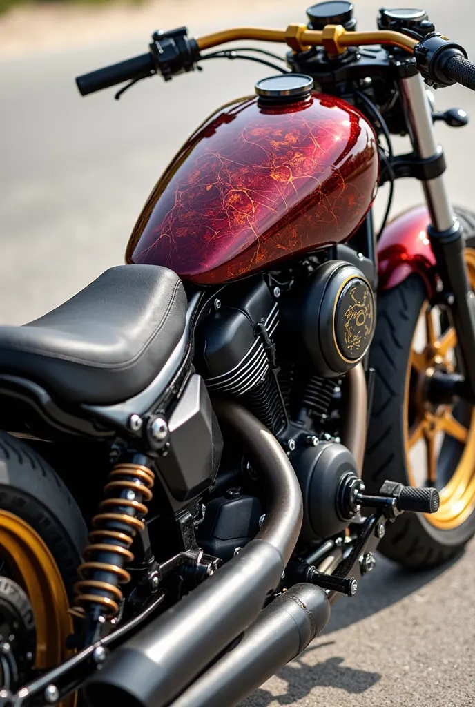 Yamaha Virago 250 chopper style motorcycle with marbled red wine heat tank with gold details ,black engine with gold details and gold wheels with black details 