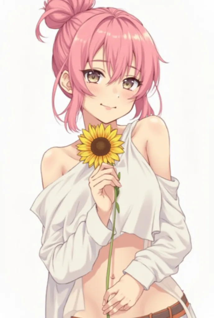 A girl with pink hair tied in a high bun, with loose strands framing her face. Her expression is **soft and playful**, with her head slightly tilted. She holds a **sunflower** in her right hand, close to her face, while her left arm gently crosses over her...