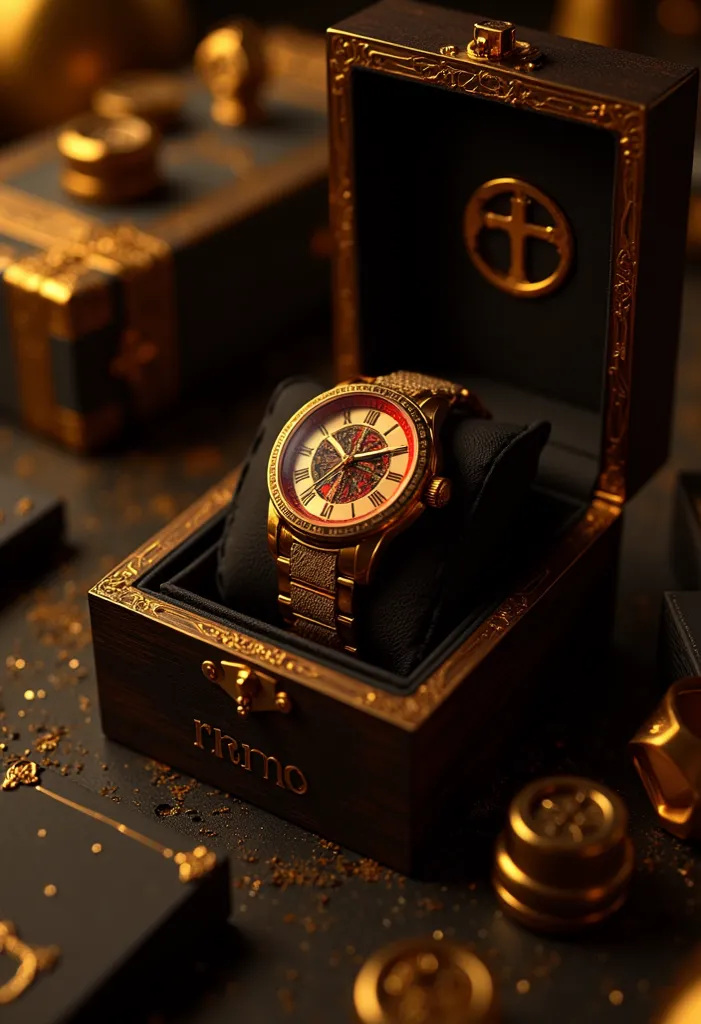 A highly realistic gold watch with intricate red details and Roman numerals. The watch is placed inside an exquisitely detailed wooden box, featuring the brand name "rrmo" engraved on it. The scene is illuminated with dramatic, focused lighting that highli...