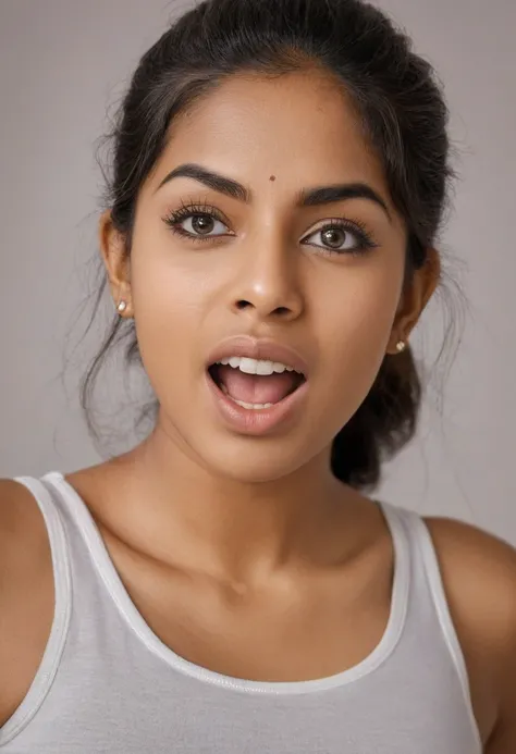 Ultra detailed photo of bengali woman, beautiful girl, highest quality realistic skin, eyes in focus, 25 years old, focus on mouth, open mouth, saliva, open mouth wide, inside of mouth visible, ponytail hair, mouth open wide, uvula visible, mouth open wide...