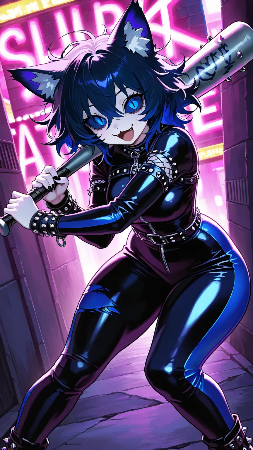 girl focus, solo girl, curvy body, messy hair, slit pupils, dark-blue sclera, multi-colored vinyl bodysuit, punk fashion, :3, back street, crazy eyes, happy laughing, cat ear fluff, holding a baseball-bat, hunched over, feet out of frame, looking at viewer