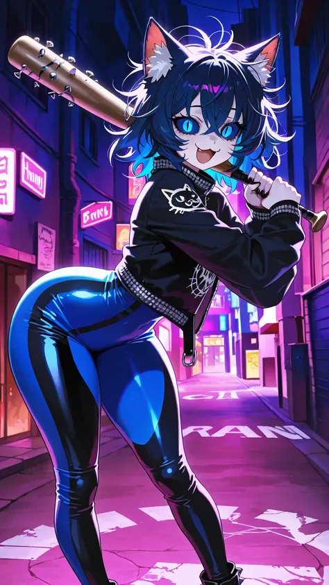 girl focus, solo girl, curvy body, messy hair, slit pupils, dark-blue sclera, multi-colored vinyl bodysuit, punk fashion, :3, back street, crazy eyes, happy laughing, cat ear fluff, holding a baseball-bat, hunched over, feet out of frame, looking at viewer