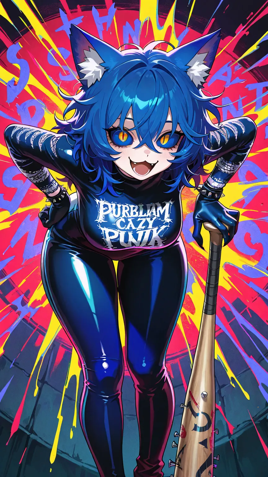 girl focus, solo girl, curvy body, messy hair, slit pupils, dark-blue sclera, multi-colored vinyl bodysuit, punk fashion, :3, back street, crazy eyes, happy laughing, cat ear fluff, holding a baseball-bat, hunched over, feet out of frame, looking at viewer