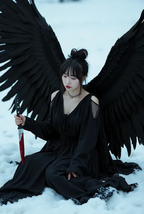 Korean gothic Female angel with Messy Bun hair,wear A shabby black dress in layers, with huge feathers on wings, wings to each other, sitting on snowy ground,hold a knife covered a Crimson liquid, can't take off. Photorealistic image, pixabay contest winne...
