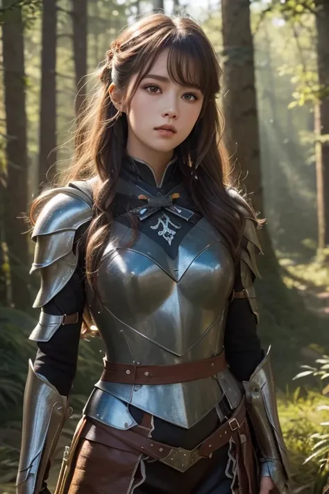  best quality , Masterpiece,   ultra high definition , Strong women,  long curl hair,   Leather Armor  ,  , Archer, Exquisite Bow,  Mysterious Runes, Magical,  detailed ed background , forest, extreme detailed, 4K,  