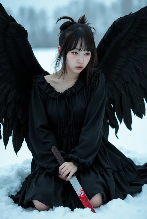 Korean gothic Female angel with Messy Bun hair,wear A shabby black dress in layers, with huge feathers on wings, wings to each other, sitting on snowy ground,hold a knife covered a Crimson liquid, can't take off. Photorealistic image, pixabay contest winne...