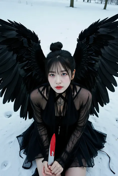 Korean gothic Female angel with Messy Bun hair,wear A shabby black dress in layers, with huge feathers on wings, wings to each other, sitting on snowy ground,hold a knife covered a Crimson liquid, can't take off. Photorealistic image, pixabay contest winne...