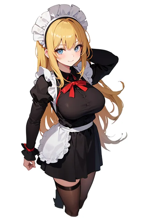 A woman with a sturdy body and pronounced curves,  her hair is long , and a blonde or cream color, with pointed locks that give her a wild look.

Lleva un atuendo de Maid clásica, composed of a long sleeve black dress with white cuffs, a white apron and a ...