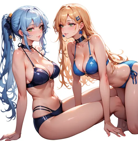 anime girls in bikinis, two beautiful anime girls, girls frontline AN94, girls frontline AK12, underwear, kissing together cutely, two girls, ecchi, anime girls, cel shaded anime, commission for high res, lesbian art, cel - shaded art style, ecchi anime st...