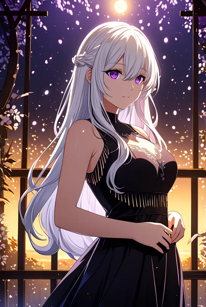 Big breasted  girl, with long wavy white hair with a fringe that covers one of her eyes and purple eyes and a black dress, anime style 2D