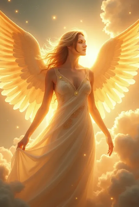 An image of an angel with golden wings shining with a faint golden light