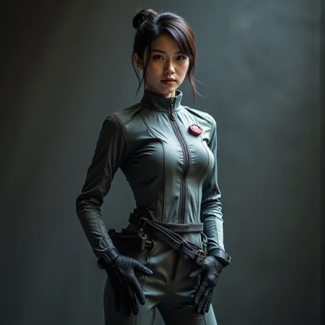 White hat，shows her image as a scout commander of the Demon Hunter Division。She is wearing a grey silk tight oriental scout suit，emphasizes flexibility and secrecy，Full body setting with medical belt，Carrying anatomy and first aid tools。Short hair and smar...