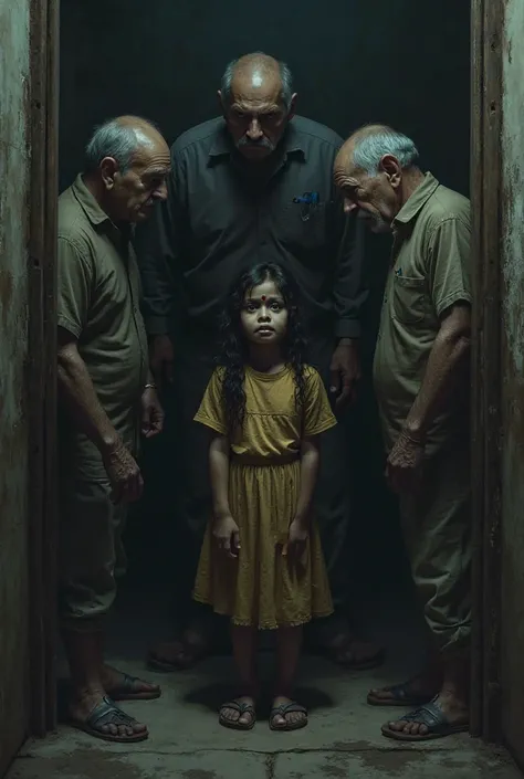 A  indian girl harrasment by tow middle age men in a dark room