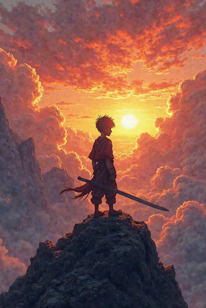 Silhouette of a boy dressed as an apprentice warrior standing on a mountain watching a sunset with lots of clouds below him