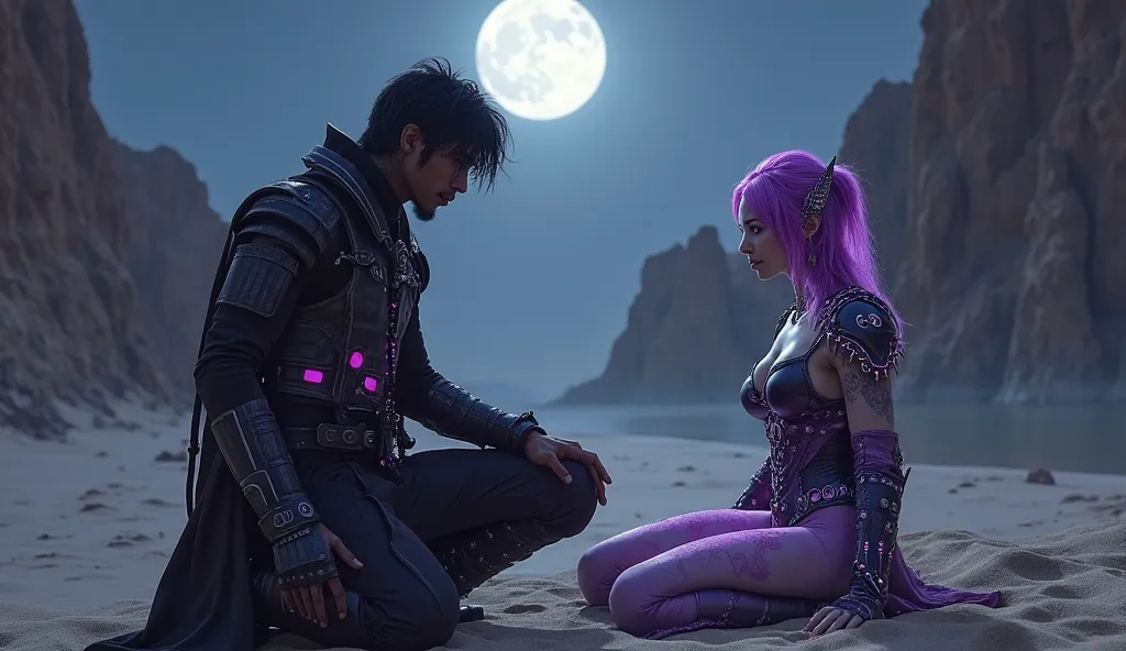 In this picture、It depicts two characters set against a dramatic landscape under the full moon. The left side is a man dressed in black with futuristic body armor、 Leather Harness , getting down on one knee, A bright purple neon light shines from, suggests...