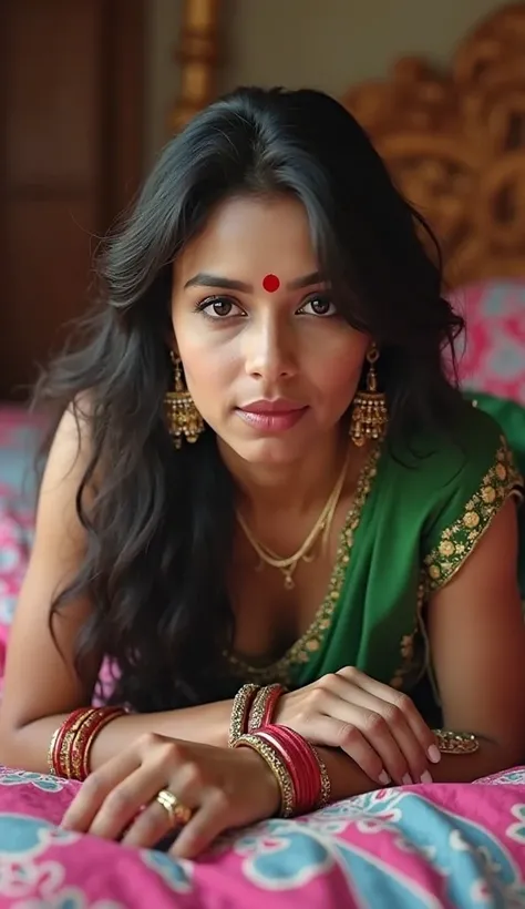 "An ultra-ritual 8k HD image of a beautiful Indian woman with long black hair, a traditional sleeveless green and gold embroidered blouse, is wearing bangles, a red dot and elegant golden earrings. She is lying on a pink and blue-colored floral bedsheet, w...