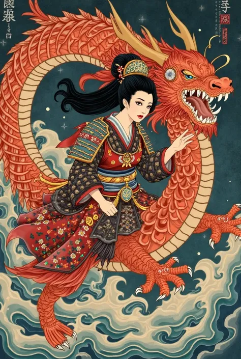 a close up of a painting of a woman on a dragon, digital art inspired by Tawaraya Sōtatsu, Instagram, ukiyo-e, ukiyo e, samurai deity with koi armor, ukiyo - e, shikanosuke yagaki, in the art style of ukiyo - e, classic kabuki, japanese god