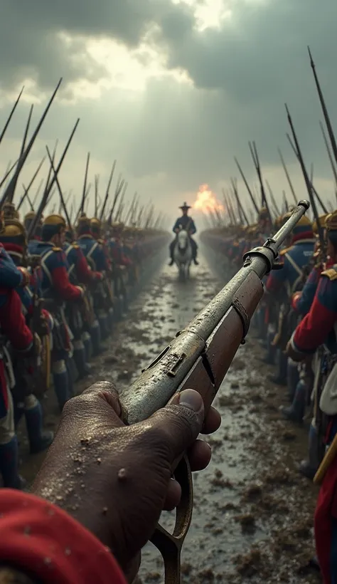 POV of a French soldier from Napoleon Bonaparte's Grande Armée on the battlefield of Waterloo, 1815. The first-person view shows hands stained with gunpowder and mud, tightly gripping a 1777 Charleville musket, while the bayonet glistens in sunlight filter...