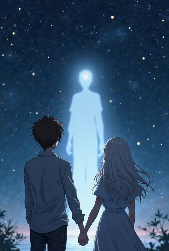 two people (male dark brown hair and female with white blonde wavy hair) standing under the stars facing their back while holding hands. above them, at the center there’s a ghost like shadow of a female with no face standing still. anime style