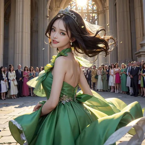 best quality, masterpiece, 1 girl, huge laugh, cute , shiny lips, sweet, sun glare, Conservative attire, green dress, princess, bridal tiara, depth of field, blurred background, Cathedral Background, light particles, strong wind, head tilt, long hair, 