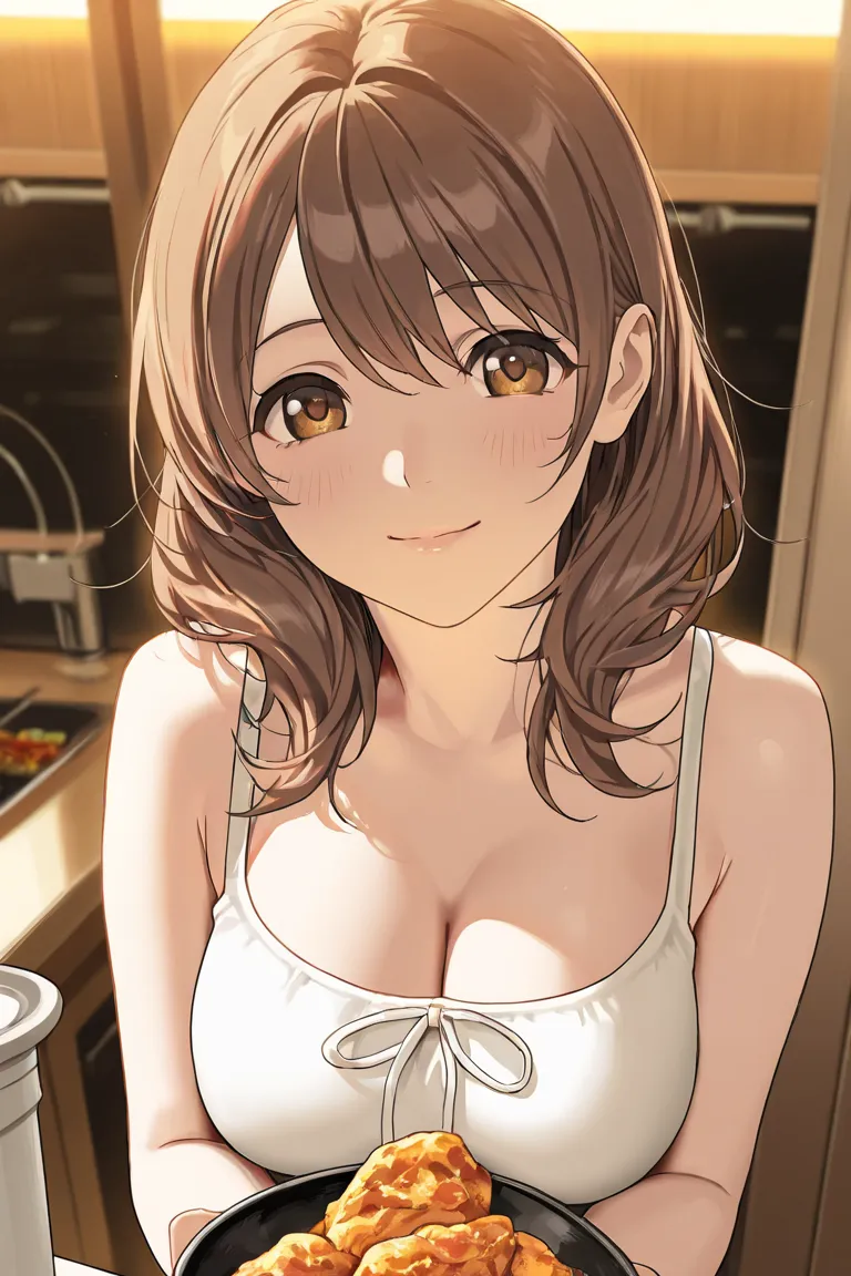 Young woman eating delicious food、Chest coordination、Neat and casual clothing、Big Breasts、Smile over here with your best smile、