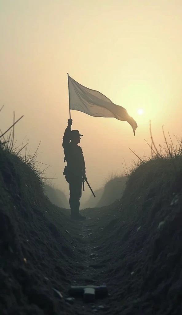 First Person View. Far away, Beyond the Land of the Battlefield, a solitary figure stands out against the thick fog of dawn. He is a German soldier, standing on the edge of his trench. He holds a piece of white cloth raised above his head, that swings soft...