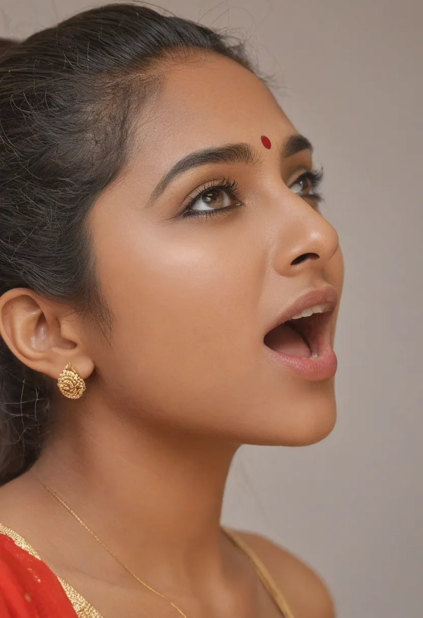 Ultra detailed photo of bengali woman, beautiful girl, highest quality realistic skin, eyes in focus, 25 years old, focus on mouth, open mouth, saliva, open mouth wide, inside of mouth visible, ponytail hair, mouth open wide, uvula visible, mouth open wide...