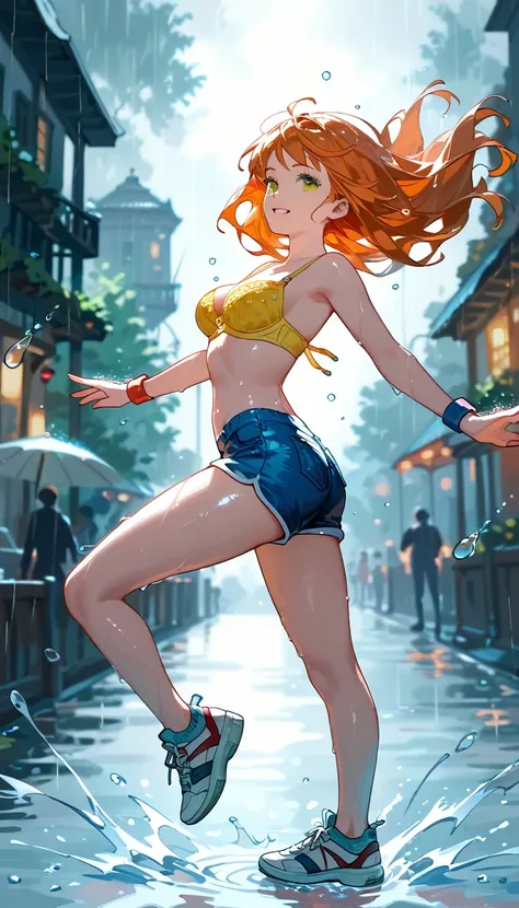 Character Misty_pokemon , Orange Hair,Big green eyes,Small breasts ,Skinny .pokemon. yellow bra, navel, Blue short . Red and white sneakers, dancing in the rain