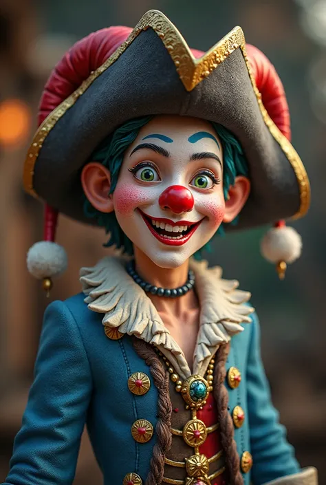 Pirate without a beard and without a mustache, He's a clown with clothes in blue and brown colors and a white face, smiling and a nose with the red clown ball, realistic style 