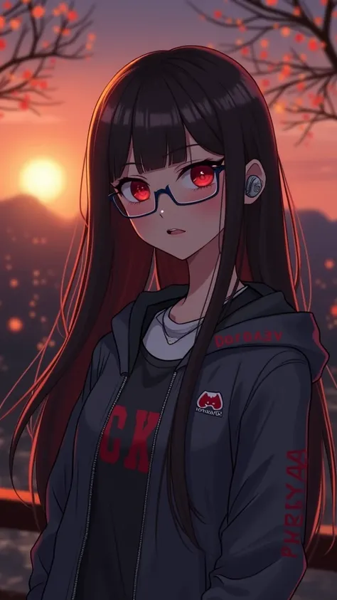 Anime style girl with red eyes, long black hair, gray sweatshirt, wireless headphones, lentes,on the jacket with the name Darkar and CubyMC with dark red letters and on the sweatshirt the Discord logo, de fondo con 🌸 cerezos y un rio en la prefectura de Ki...