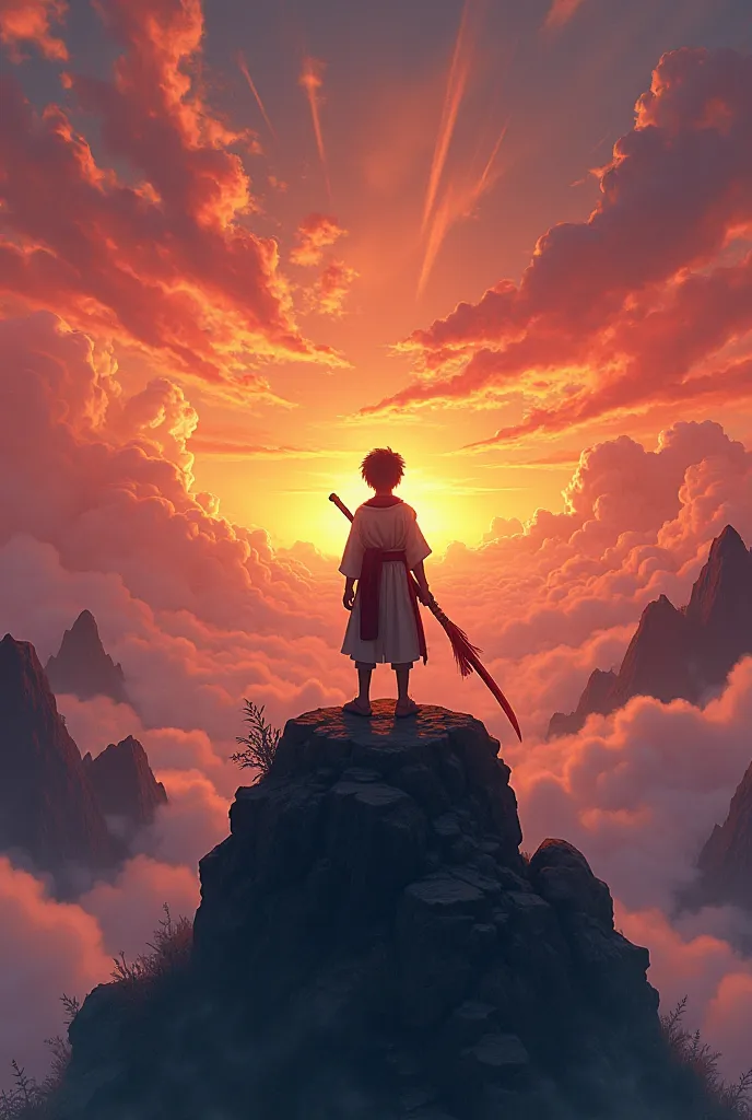 Silhouette of a boy dressed as an apprentice warrior standing on a mountain watching a sunset with lots of clouds below him