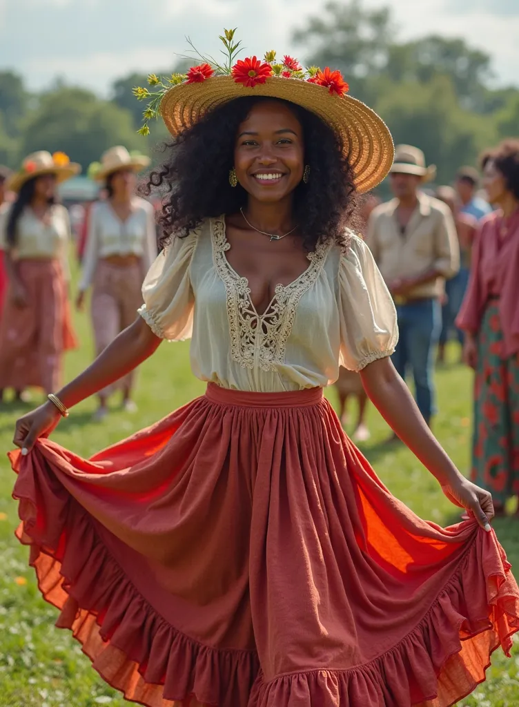 black woman with a round skirt,Colored with flowers, straw hat with flowers,  Brunette woman, Rolling woman holding her skirt, Gypsy blouse, With a ruffle on the shoulder, happy woman, dancing in a hinterland with surrounding people