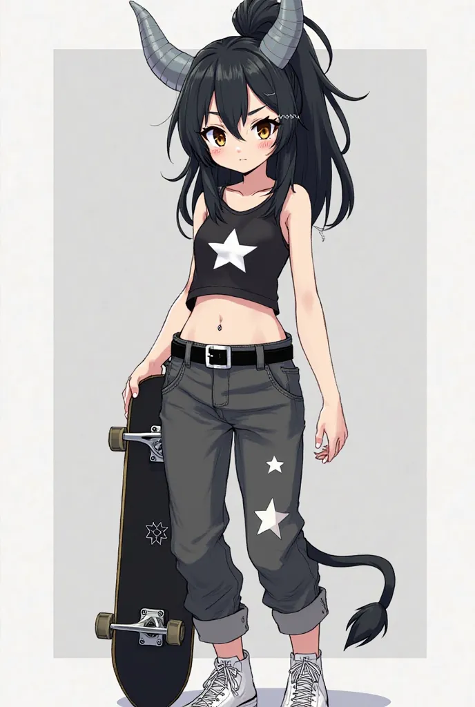 Anime character of a Cyclops girl with black hair up to her shoulders half gathered in a tall disheveled ponytail with a straight fringe with two small white hairpins on one side, a single brown eye with long eyelashes that wears dark shadow on the eyelid,...