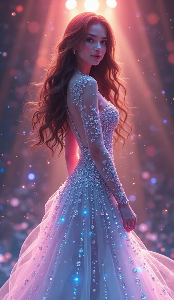 A stunning anime-style beauty queen with long, wavy brown hair and a confident, radiant smile, walking gracefully in a dazzling gemstone-embellished gown. The gown is a sheer, form-fitting masterpiece, adorned with iridescent crystals and dark gemstone pat...