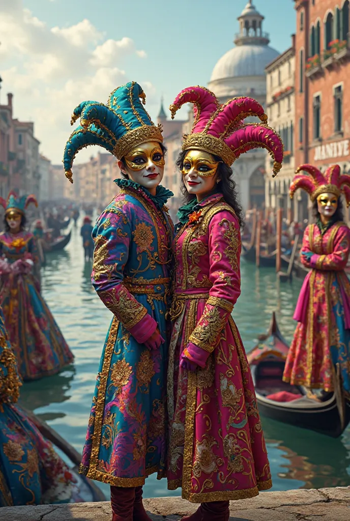 Create a setting over Lake Venice inspired by the Venice carnival with harlequins and huge masks, with a sign that says TEAM LACRONTTE, in luxurious and bright colors