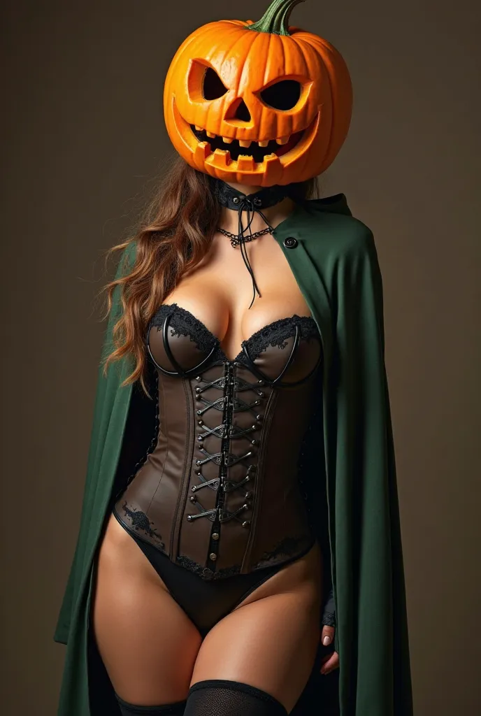 woman wearing pumpkin head, pumpkin for a head, brown hair behind pumpkin head, showing medium breasts, black leotard, black thighhighs, brown waist belt, green cape, vambraces, braces, collarbone, full body shots, facing to the side, looking at viewer, bl...