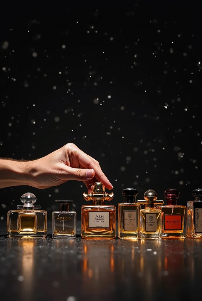 20 perfumes of same brands wich is named A & H Essence randomly spread out on a table with a black background in an advertising style with a man specifically picking up one with the name perfume , ultra high quality, 